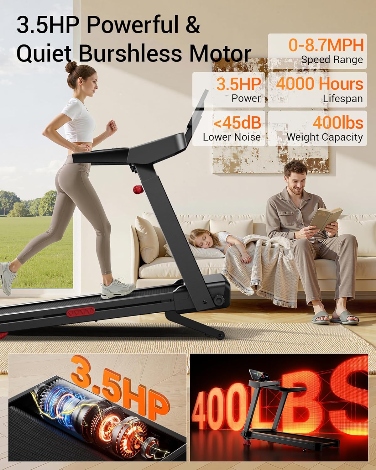Home Fitness Treadmill 20-Level Incline 400 LBS Capacity - Image 3